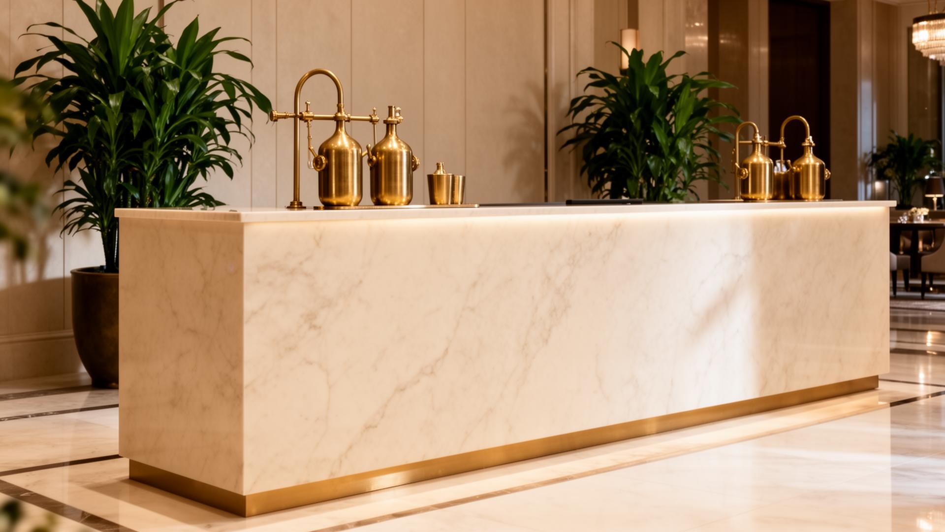 Reception detail in marble and brass