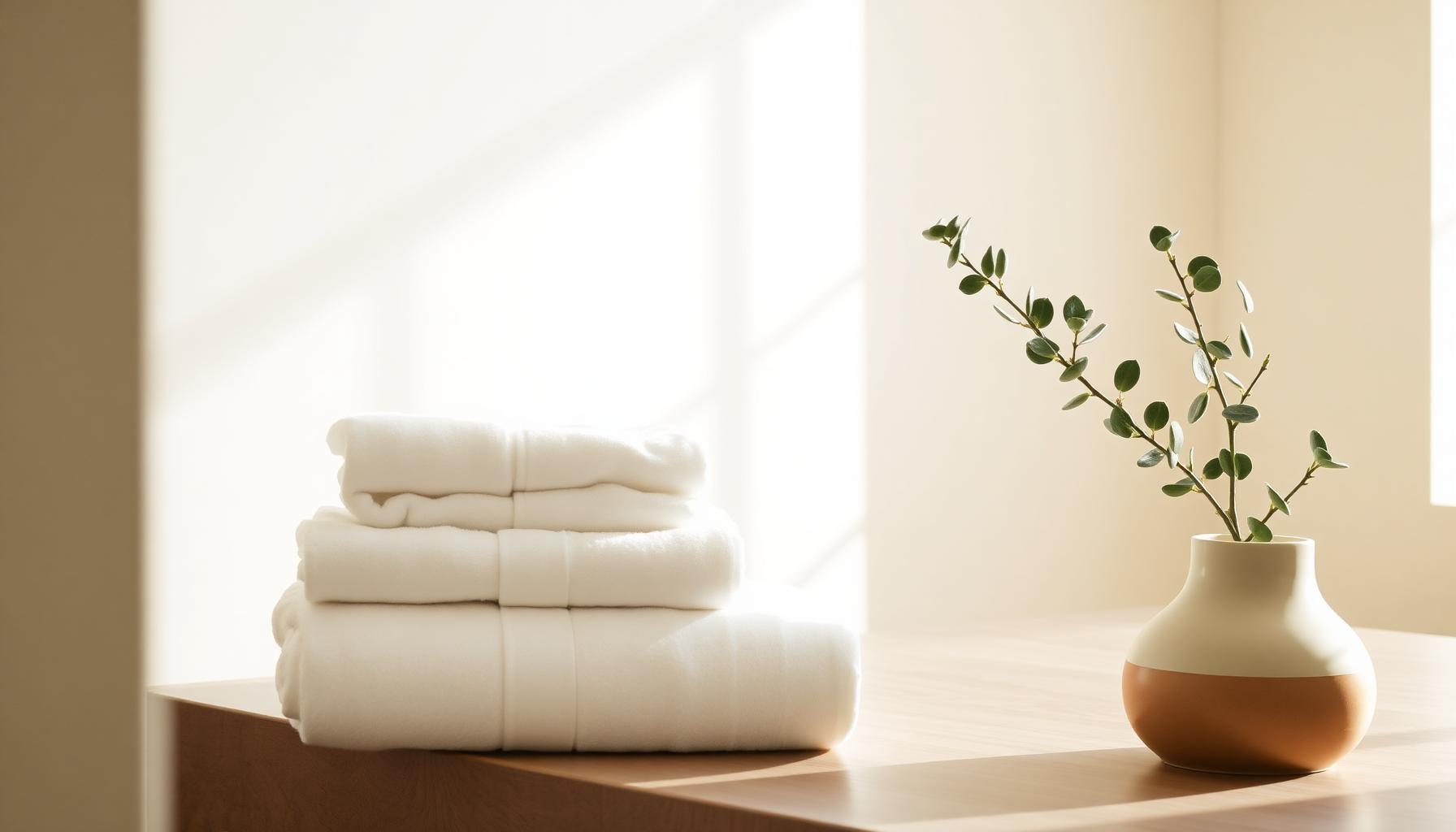 Editorial composition of folded organic cotton towels and a eucalyptus branch in a ceramic vessel
